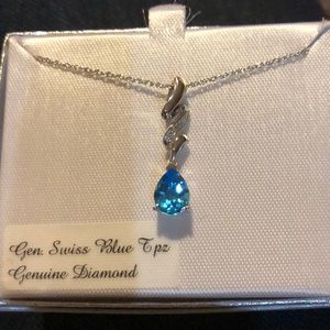 NEW - Sterling Silver Genuine Swiss Blue Topaz and Diamond Pendant Necklace